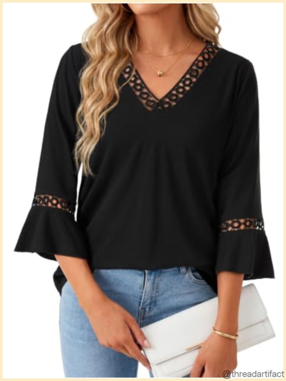 Women 3/4 Sleeve Eyelet Lace Tunic Top V Neck Curved Hem Blouse